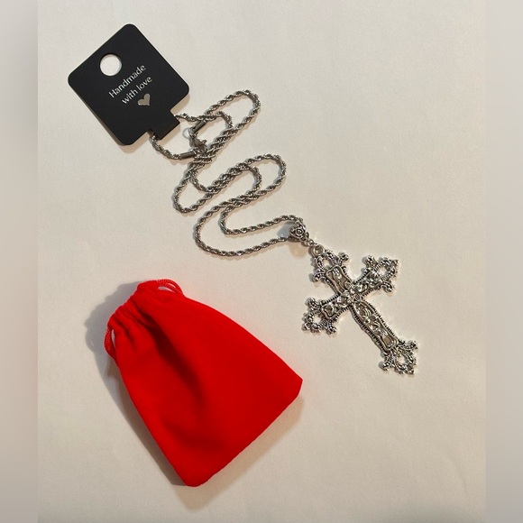 Gothic Cross Charm Necklace Floral Design Big Punk Goth Silver Tone - Picture 9 of 10